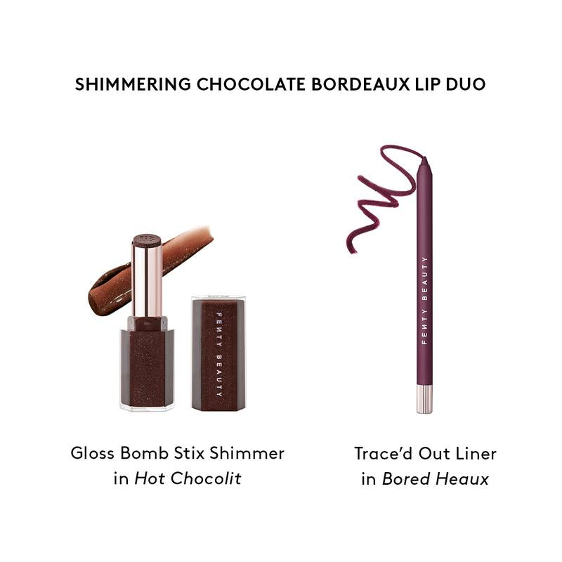 Fenty Beauty Chocolate Bordeaux Lip Duo: Trace’D Out Longwear Waterproof Pencil Lip Liner + Gloss Bomb Stix High-Shine Gloss Stick or Gloss Bomb Stix High-Shimmer Gloss Stick
