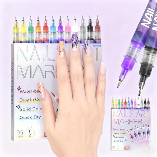 12-Color Nail Art Marker Set – Quick-Drying Acrylic Pens for DIY Manicures & Easy 3D Designs, Ideal for Beginners