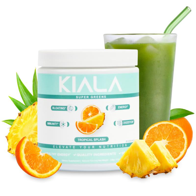 Kiala Nutrition Super Greens Organic Powder with Spirulina & Chlorella for Digestion Gut Health Immunity & Energy Vegan Supplement US Made Edible Watermelon Blush Flavor Healthcare Natural Vitamin Fitness Dietary