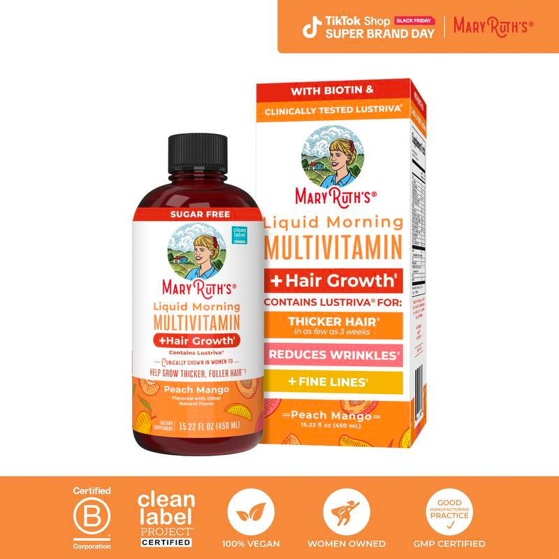 Maryruth'S Liquid Multivitamin + Hair Growth - Clinically Tested Lustriva for Thicker Hair in Women - Improve Facial Wrinkles - Vegan - 15.22 Fl Oz