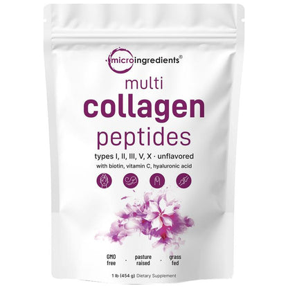 Micro Ingredients Multi Collagen Peptides Powder - Hydrolyzed Protein Peptides (Type I,II,III,V,X) with Hyaluronic Acid, Biotin & Vitamin C Unflavored