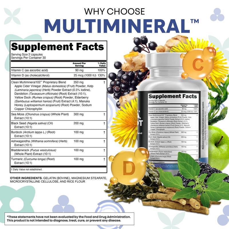 Clean Nutra Sea Moss, Black Seed Oil, Ashwagandha, Turmeric, Bladderwrack, Burdock, Vitamin C, Vitamin D3 with Elderberry Manuka Supplement Pills - Multimineral