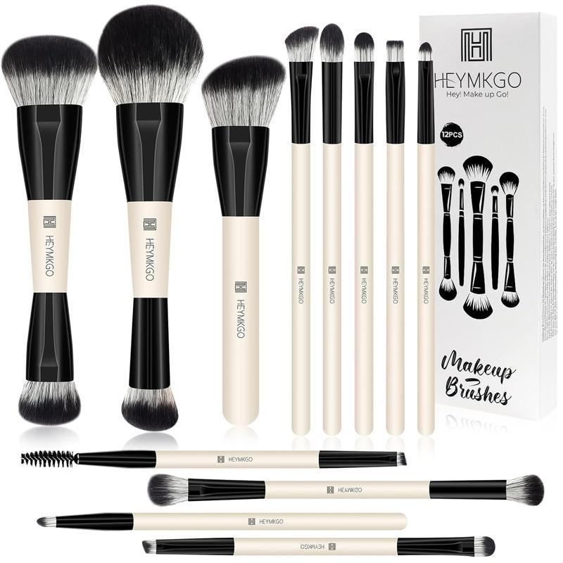 HEYMKGO 12PCS Dual-Ended Makeup Brush Set - Black | Pro for Foundation, Contour & Eyeshadow + Travel Bag Ultra Plush Blush Makeup Brush Portable Two-In-One Makeup Brush Premium Kabuki Contour Powder Brush Set Vintage Makeup Brush Rt Powder Brush Look Met