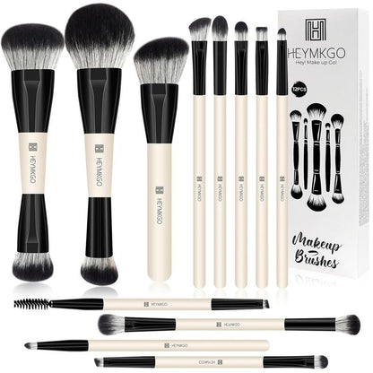 HEYMKGO 12PCS Dual-Ended Makeup Brush Set - Black | Pro for Foundation, Contour & Eyeshadow + Travel Bag Ultra Plush Blush Makeup Brush Portable Two-In-One Makeup Brush Premium Kabuki Contour Powder Brush Set Vintage Makeup Brush Rt Powder Brush Look Met