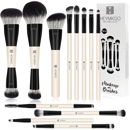 HEYMKGO 12PCS Dual-Ended Makeup Brush Set - Black | Pro for Foundation, Contour & Eyeshadow + Travel Bag Ultra Plush Blush Makeup Brush Portable Two-In-One Makeup Brush Premium Kabuki Contour Powder Brush Set Vintage Makeup Brush Rt Powder Brush Look Met