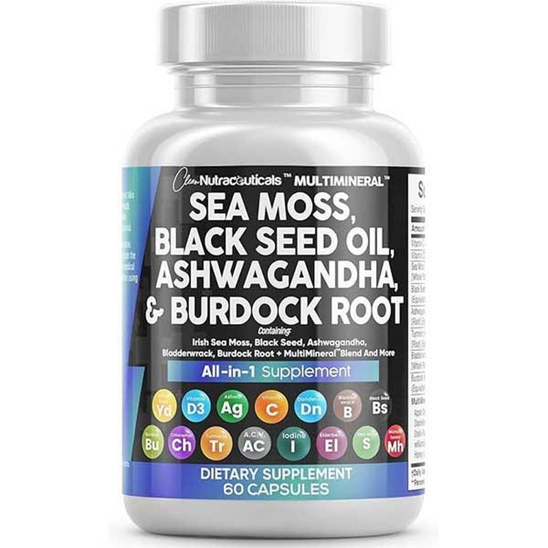 Clean Nutra Sea Moss, Black Seed Oil, Ashwagandha, Turmeric, Bladderwrack, Burdock, Vitamin C, Vitamin D3 with Elderberry Manuka Supplement Pills - Multimineral