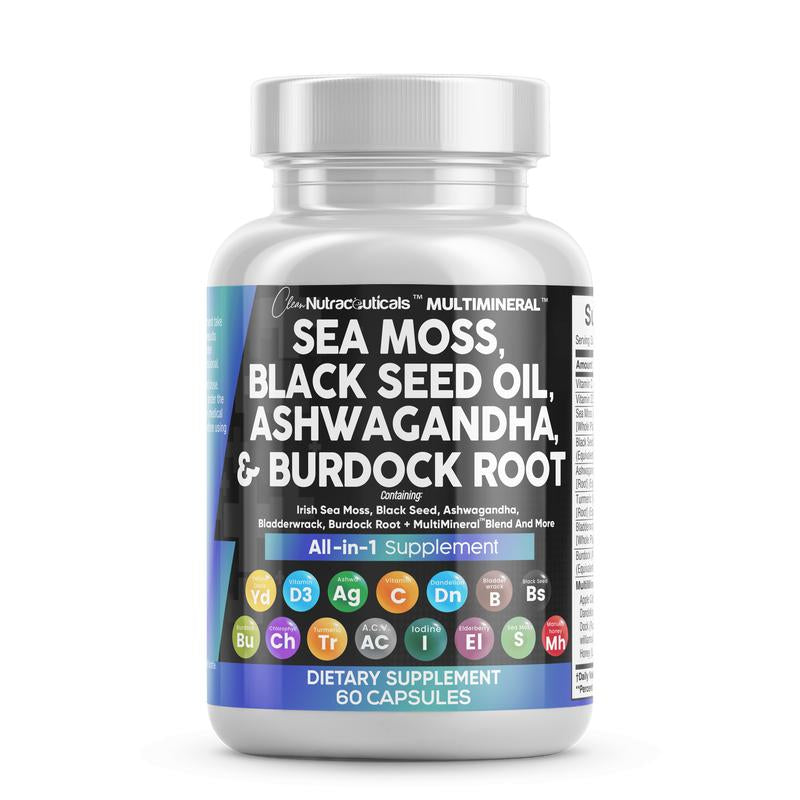 Clean Nutra Sea Moss, Black Seed Oil, Ashwagandha, Turmeric, Bladderwrack, Burdock, Vitamin C, Vitamin D3 with Elderberry Manuka Supplement Pills - Multimineral