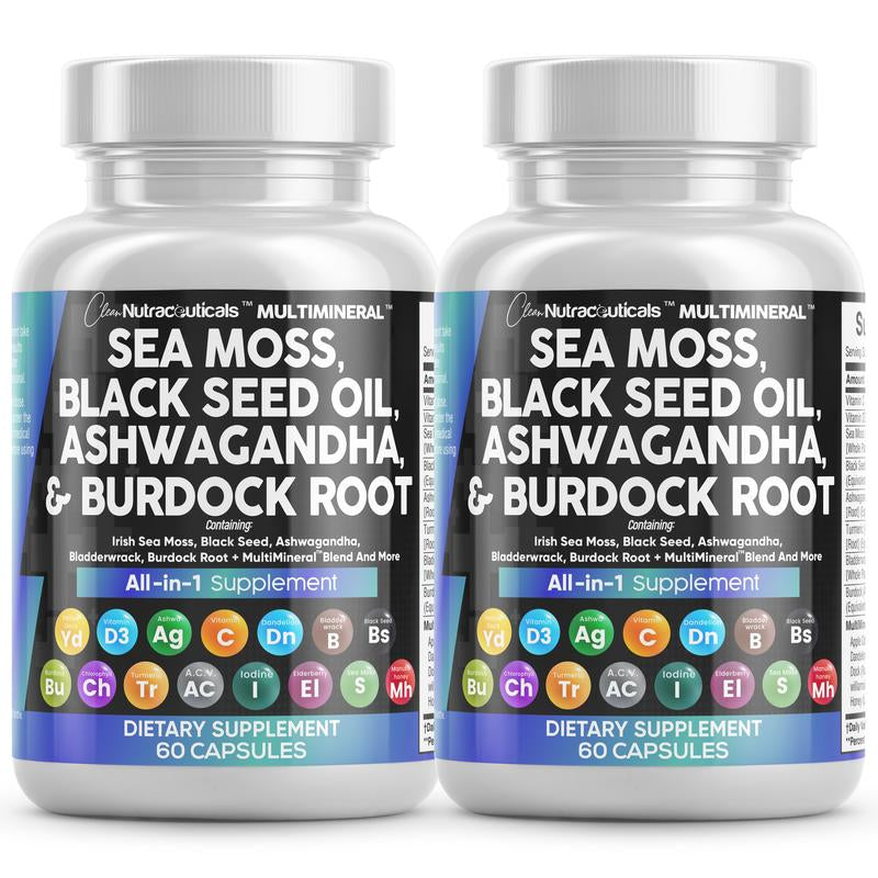 Clean Nutra Sea Moss, Black Seed Oil, Ashwagandha, Turmeric, Bladderwrack, Burdock, Vitamin C, Vitamin D3 with Elderberry Manuka Supplement Pills - Multimineral