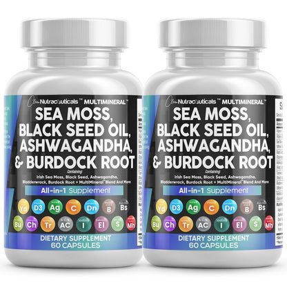 Clean Nutra Sea Moss, Black Seed Oil, Ashwagandha, Turmeric, Bladderwrack, Burdock, Vitamin C, Vitamin D3 with Elderberry Manuka Supplement Pills - Multimineral