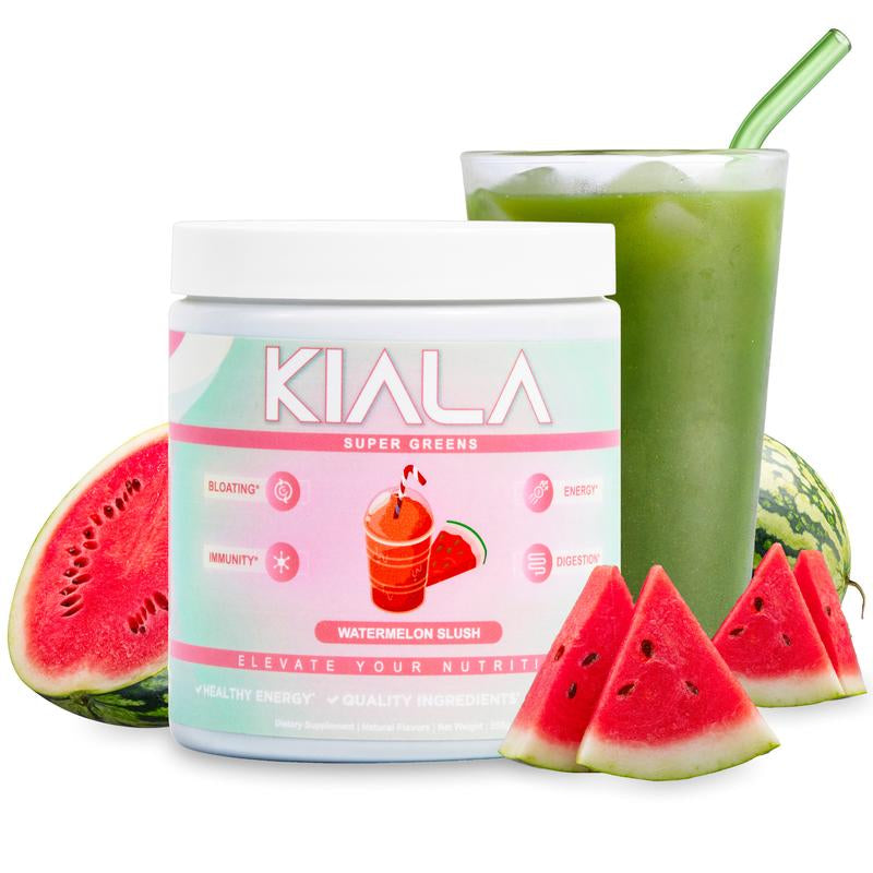 Kiala Nutrition Super Greens Organic Powder with Spirulina & Chlorella for Digestion Gut Health Immunity & Energy Vegan Supplement US Made Edible Watermelon Blush Flavor Healthcare Natural Vitamin Fitness Dietary