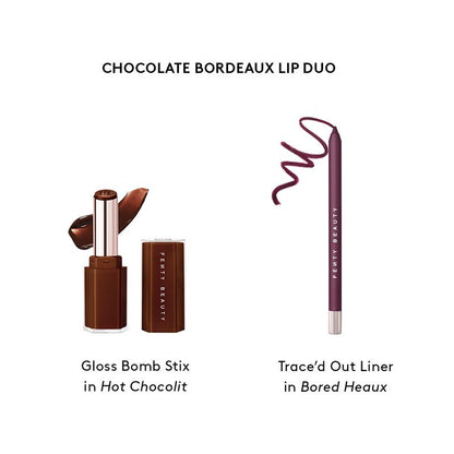 Fenty Beauty Chocolate Bordeaux Lip Duo: Trace’D Out Longwear Waterproof Pencil Lip Liner + Gloss Bomb Stix High-Shine Gloss Stick or Gloss Bomb Stix High-Shimmer Gloss Stick