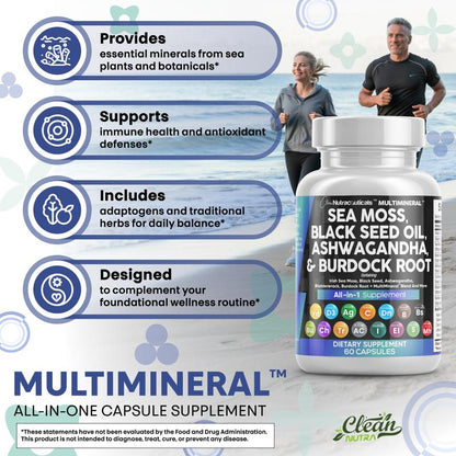 Clean Nutra Sea Moss, Black Seed Oil, Ashwagandha, Turmeric, Bladderwrack, Burdock, Vitamin C, Vitamin D3 with Elderberry Manuka Supplement Pills - Multimineral