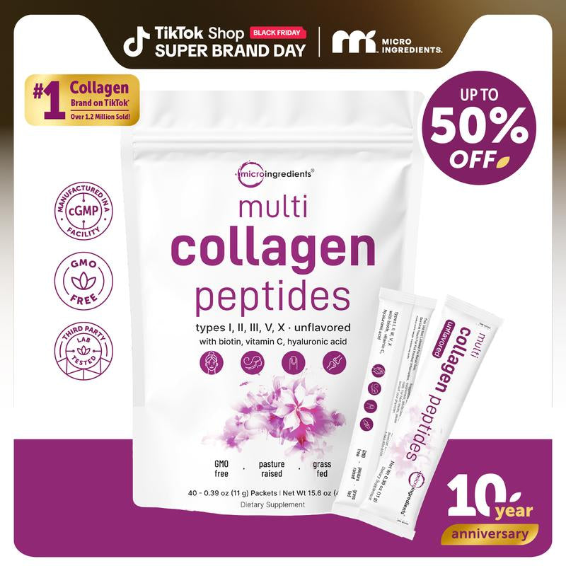 Micro Ingredients Multi Collagen Peptides Powder - Hydrolyzed Protein Peptides (Type I,II,III,V,X) with Hyaluronic Acid, Biotin & Vitamin C Unflavored
