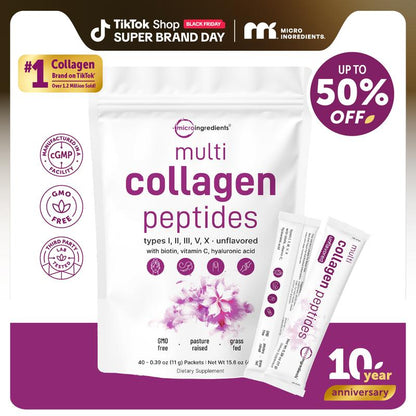 Micro Ingredients Multi Collagen Peptides Powder - Hydrolyzed Protein Peptides (Type I,II,III,V,X) with Hyaluronic Acid, Biotin & Vitamin C Unflavored