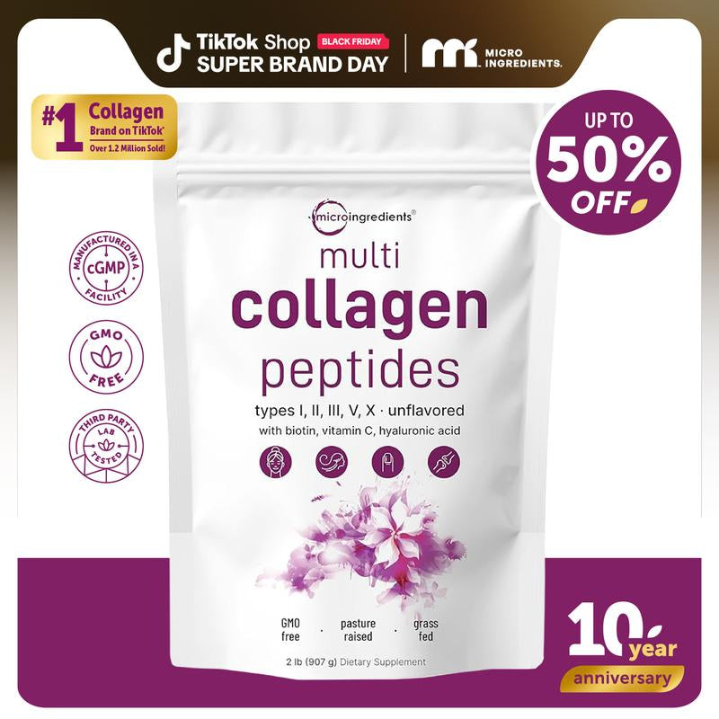 Micro Ingredients Multi Collagen Peptides Powder - Hydrolyzed Protein Peptides (Type I,II,III,V,X) with Hyaluronic Acid, Biotin & Vitamin C Unflavored