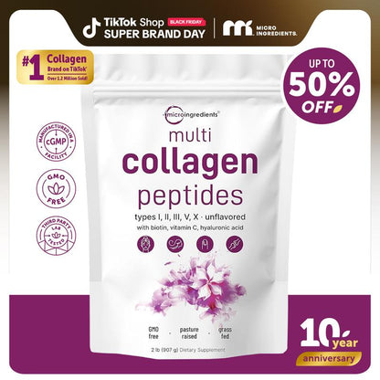 Micro Ingredients Multi Collagen Peptides Powder - Hydrolyzed Protein Peptides (Type I,II,III,V,X) with Hyaluronic Acid, Biotin & Vitamin C Unflavored