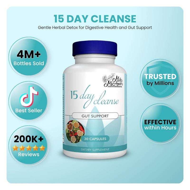 15 Day Cleanse - Gut and Colon Support | Caffeine Free | Advanced Formula with Senna, Cascara Sagrada, & Psyllium Husk | Non-Gmo | 30 Capsules