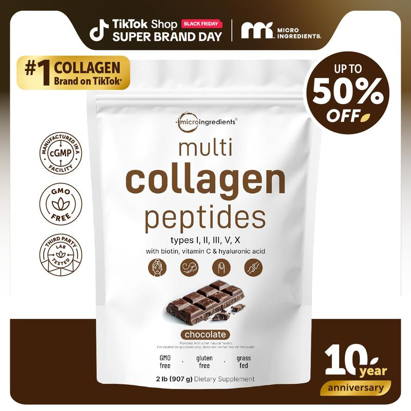 Micro Ingredients Multi Collagen Peptides Powder - Hydrolyzed Protein Peptides (Type I,II,III,V,X) with Hyaluronic Acid, Biotin & Vitamin C Unflavored