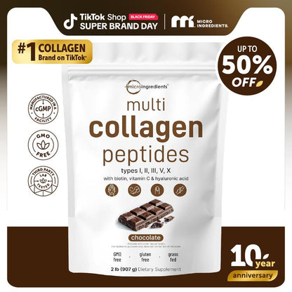Micro Ingredients Multi Collagen Peptides Powder - Hydrolyzed Protein Peptides (Type I,II,III,V,X) with Hyaluronic Acid, Biotin & Vitamin C Unflavored
