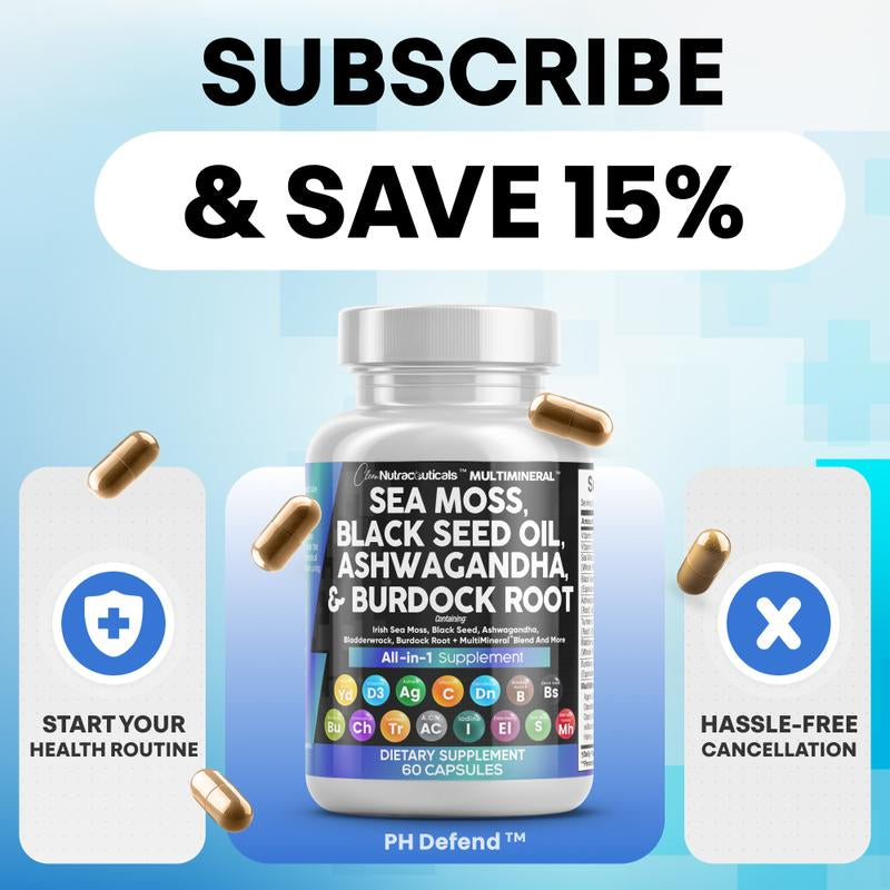 Clean Nutra Sea Moss, Black Seed Oil, Ashwagandha, Turmeric, Bladderwrack, Burdock, Vitamin C, Vitamin D3 with Elderberry Manuka Supplement Pills - Multimineral