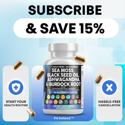 Clean Nutra Sea Moss, Black Seed Oil, Ashwagandha, Turmeric, Bladderwrack, Burdock, Vitamin C, Vitamin D3 with Elderberry Manuka Supplement Pills - Multimineral