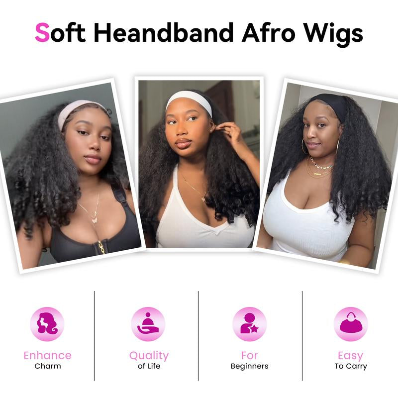 New Afro Headband with Curly in the End Wig Synthetic Hair Texture with Unique Bouncy Curls in the End 20 Inch Soft Curly Full Hair Headband Wigs Synthetic for Women No Leave Out Glueless Wig