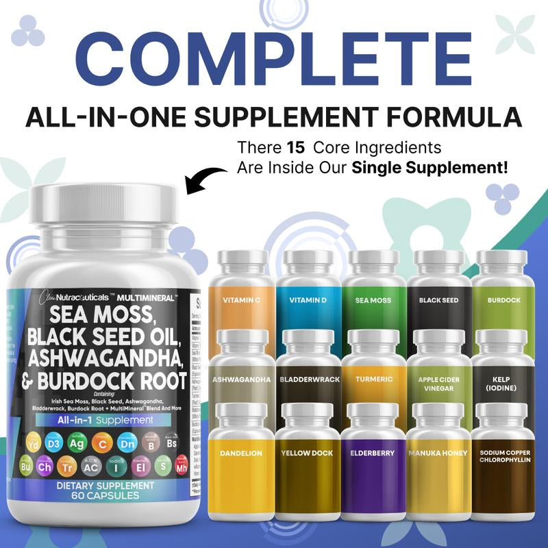 Clean Nutra Sea Moss, Black Seed Oil, Ashwagandha, Turmeric, Bladderwrack, Burdock, Vitamin C, Vitamin D3 with Elderberry Manuka Supplement Pills - Multimineral