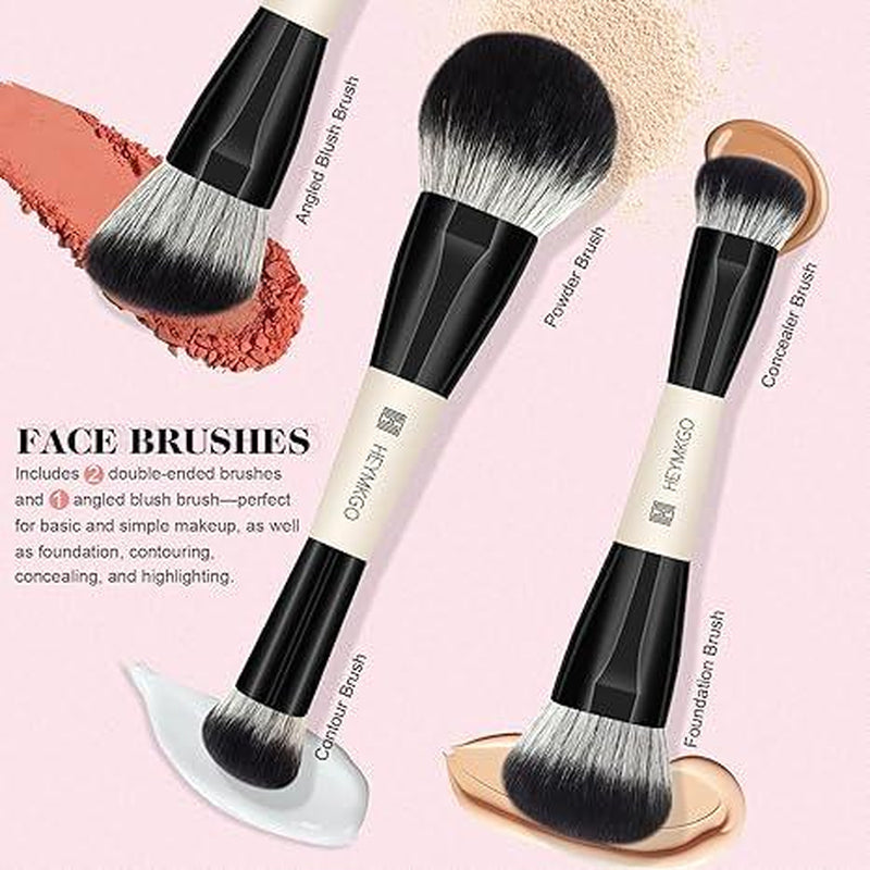HEYMKGO 12PCS Dual-Ended Makeup Brush Set - Black | Pro for Foundation, Contour & Eyeshadow + Travel Bag Ultra Plush Blush Makeup Brush Portable Two-In-One Makeup Brush Premium Kabuki Contour Powder Brush Set Vintage Makeup Brush Rt Powder Brush Look Met