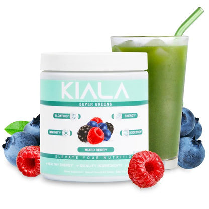 Kiala Nutrition Super Greens Organic Powder with Spirulina & Chlorella for Digestion Gut Health Immunity & Energy Vegan Supplement US Made Edible Watermelon Blush Flavor Healthcare Natural Vitamin Fitness Dietary