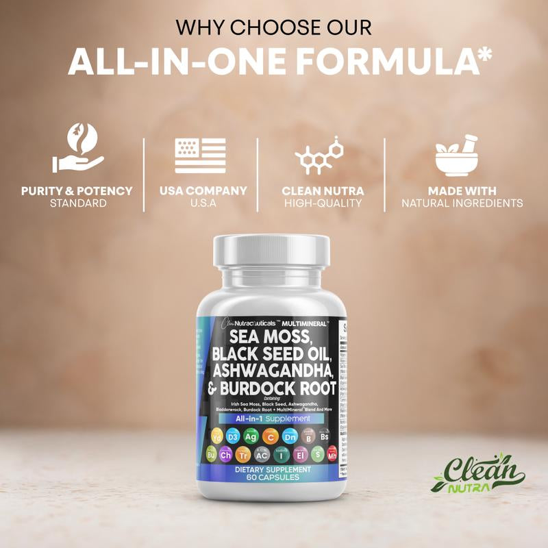 Clean Nutra Sea Moss, Black Seed Oil, Ashwagandha, Turmeric, Bladderwrack, Burdock, Vitamin C, Vitamin D3 with Elderberry Manuka Supplement Pills - Multimineral