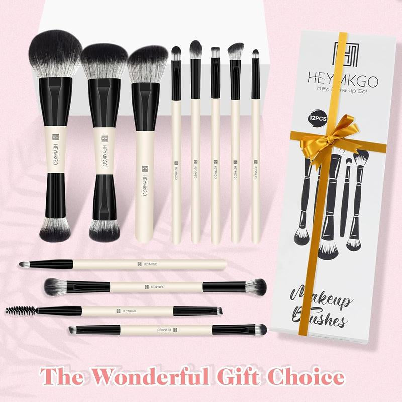 HEYMKGO 12PCS Dual-Ended Makeup Brush Set - Black | Pro for Foundation, Contour & Eyeshadow + Travel Bag Ultra Plush Blush Makeup Brush Portable Two-In-One Makeup Brush Premium Kabuki Contour Powder Brush Set Vintage Makeup Brush Rt Powder Brush Look Met
