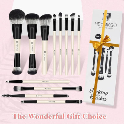 HEYMKGO 12PCS Dual-Ended Makeup Brush Set - Black | Pro for Foundation, Contour & Eyeshadow + Travel Bag Ultra Plush Blush Makeup Brush Portable Two-In-One Makeup Brush Premium Kabuki Contour Powder Brush Set Vintage Makeup Brush Rt Powder Brush Look Met
