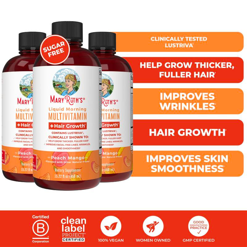 Maryruth'S Liquid Multivitamin + Hair Growth - Clinically Tested Lustriva for Thicker Hair in Women - Improve Facial Wrinkles - Vegan - 15.22 Fl Oz