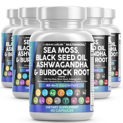 Clean Nutra Sea Moss, Black Seed Oil, Ashwagandha, Turmeric, Bladderwrack, Burdock, Vitamin C, Vitamin D3 with Elderberry Manuka Supplement Pills - Multimineral