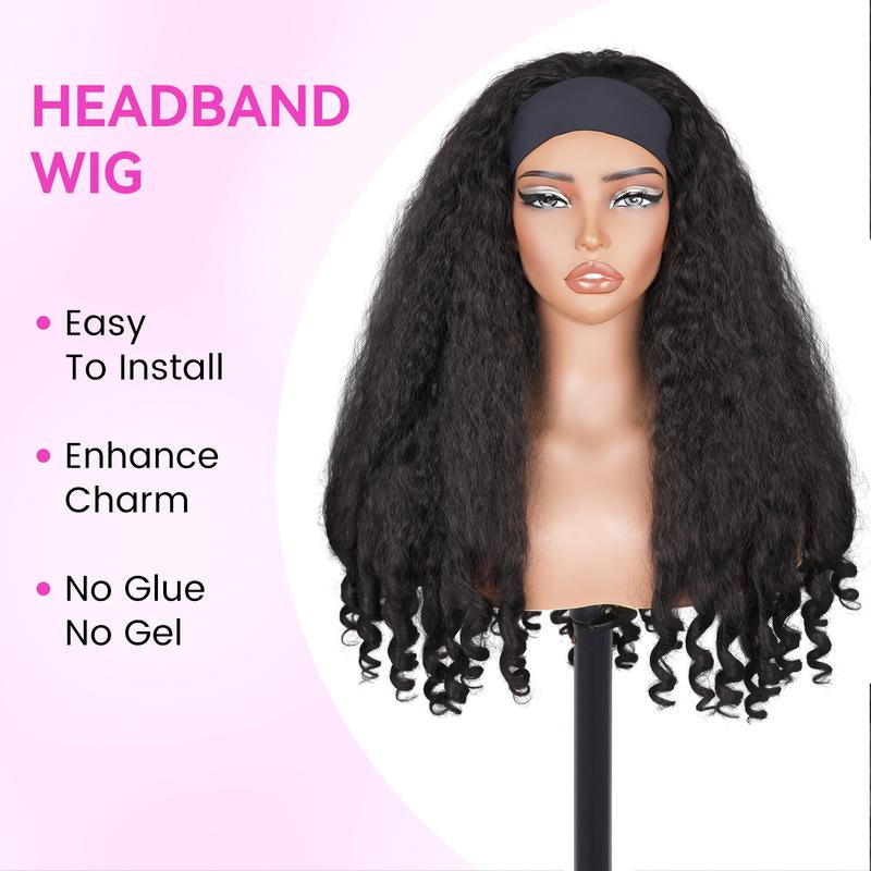 New Afro Headband with Curly in the End Wig Synthetic Hair Texture with Unique Bouncy Curls in the End 20 Inch Soft Curly Full Hair Headband Wigs Synthetic for Women No Leave Out Glueless Wig