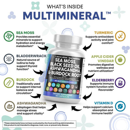 Clean Nutra Sea Moss, Black Seed Oil, Ashwagandha, Turmeric, Bladderwrack, Burdock, Vitamin C, Vitamin D3 with Elderberry Manuka Supplement Pills - Multimineral