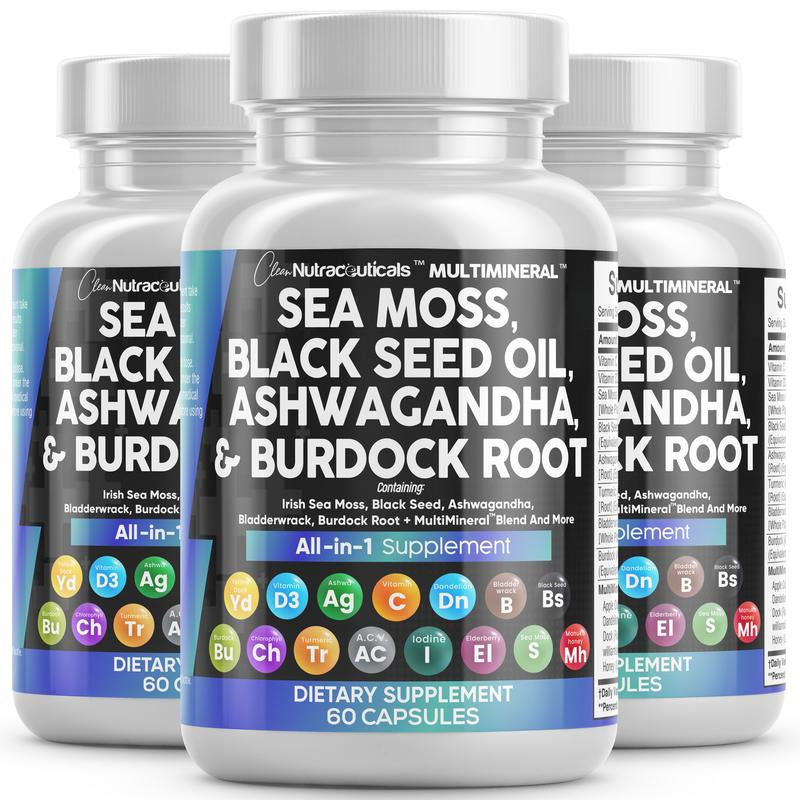 Clean Nutra Sea Moss, Black Seed Oil, Ashwagandha, Turmeric, Bladderwrack, Burdock, Vitamin C, Vitamin D3 with Elderberry Manuka Supplement Pills - Multimineral