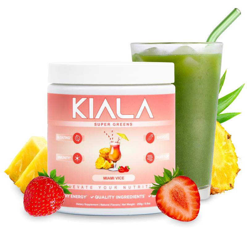 Kiala Nutrition Super Greens Organic Powder with Spirulina & Chlorella for Digestion Gut Health Immunity & Energy Vegan Supplement US Made Edible Watermelon Blush Flavor Healthcare Natural Vitamin Fitness Dietary